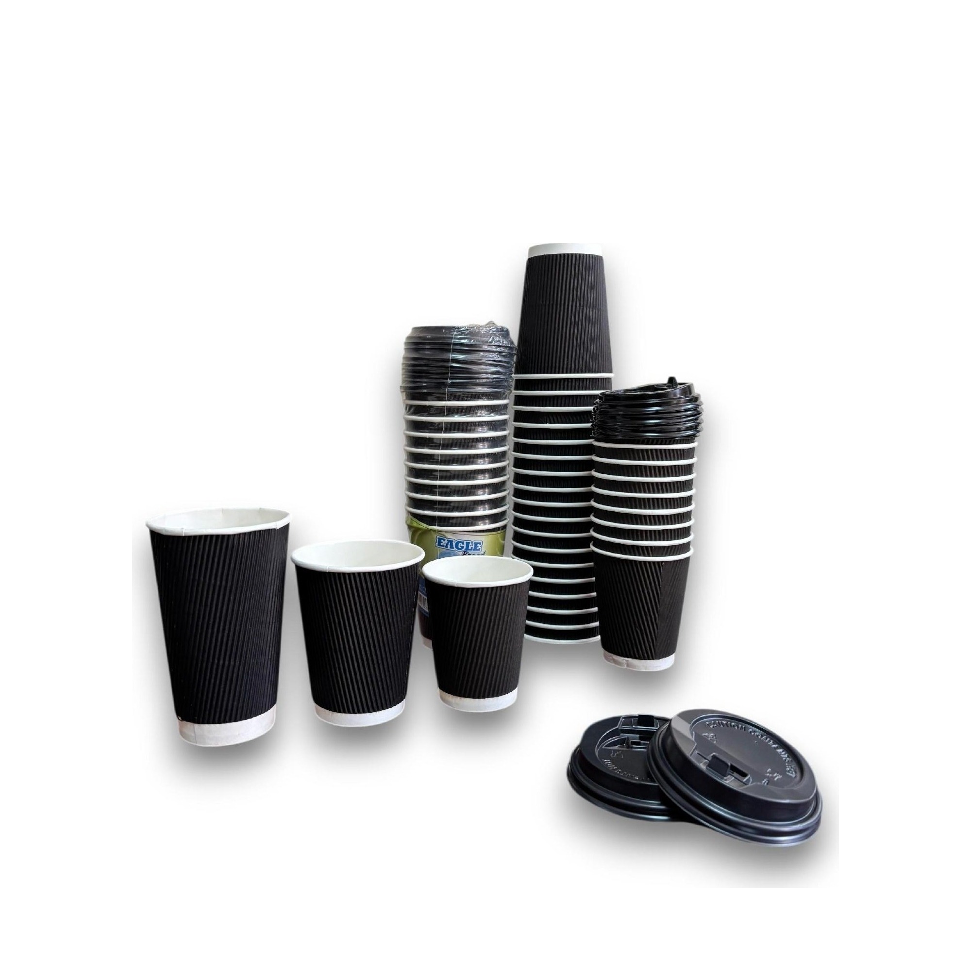 Eagle Ripple Black coffee cups — 8oz, 12oz and 16oz with matching black snap-on lids