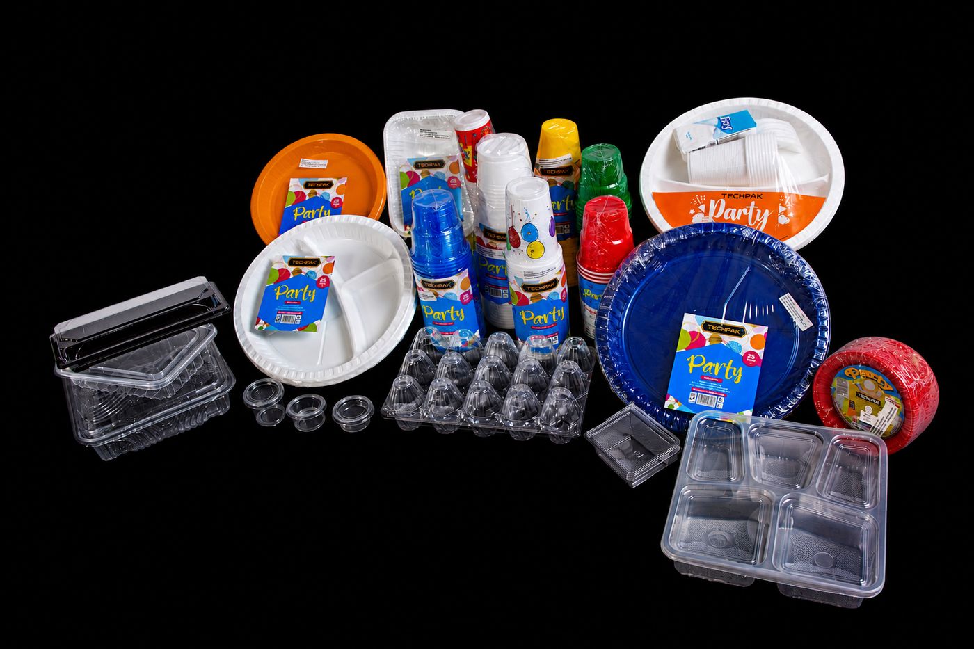 Techpak packaging and tableware range — plates, glasses, party packs, clear punnets and containers
