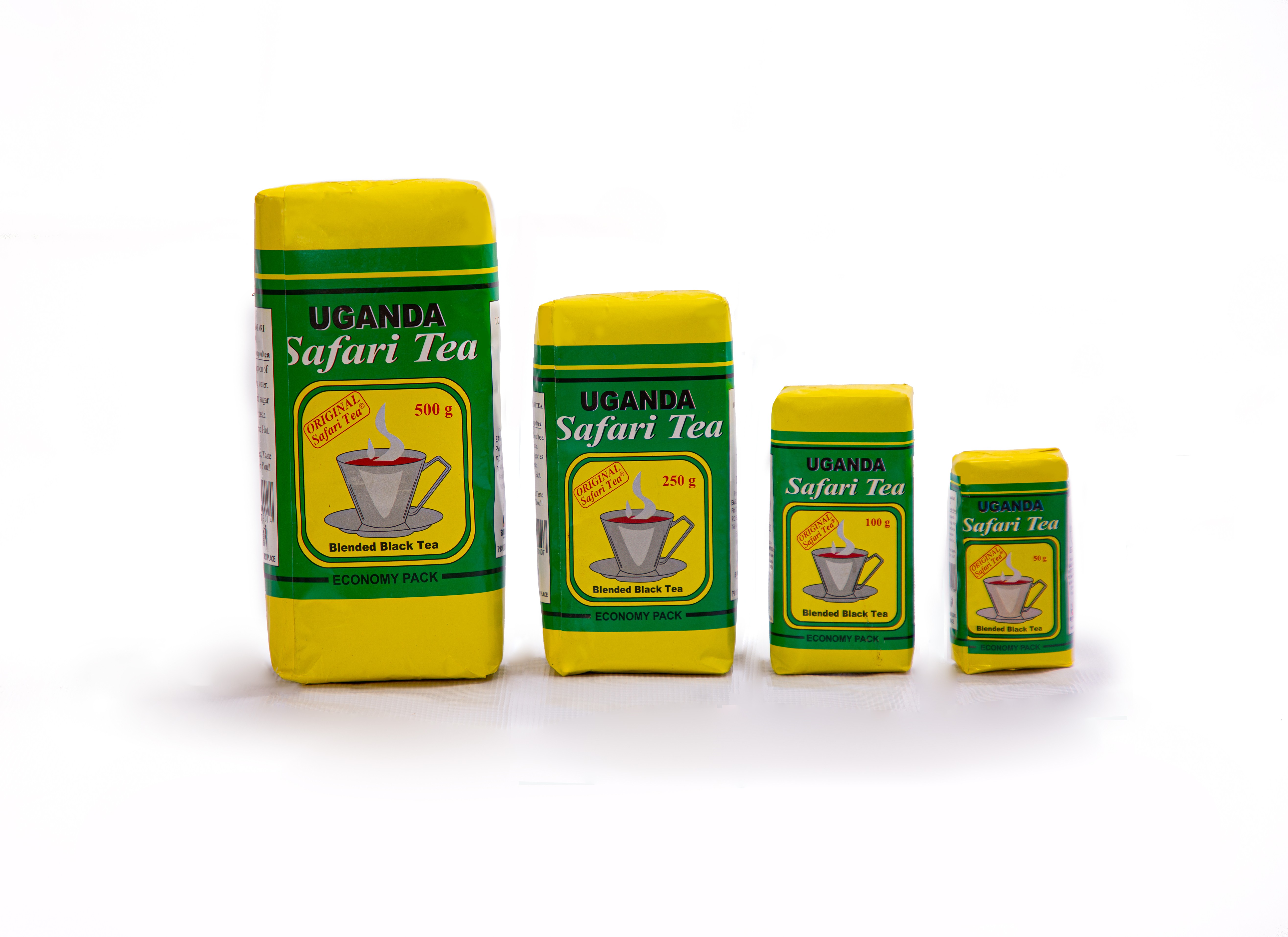 Uganda Safari Tea Economy Packs — yellow loose-leaf bags in 500g, 250g, 100g and 50g sizes
