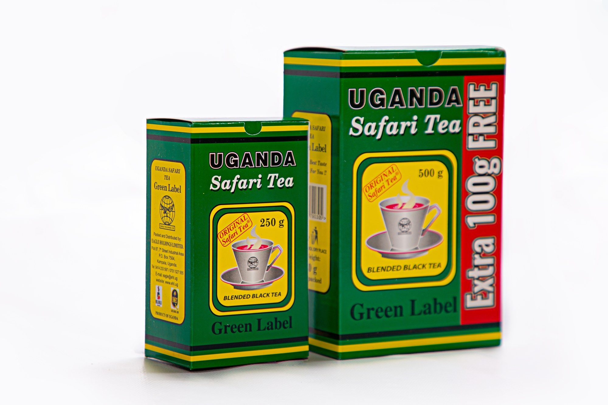 Uganda Safari Tea Green Label — 500g pack with Extra 100g Free banner alongside the 250g pack