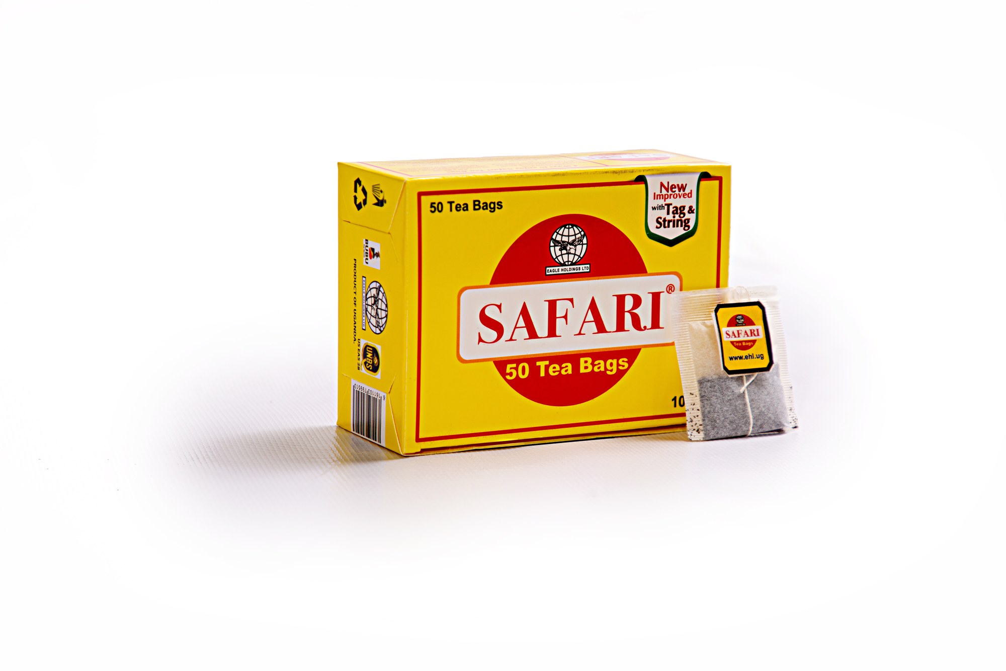 Safari Tea — yellow 50-bag box with the red Safari brandmark, shown with a tagged tea bag