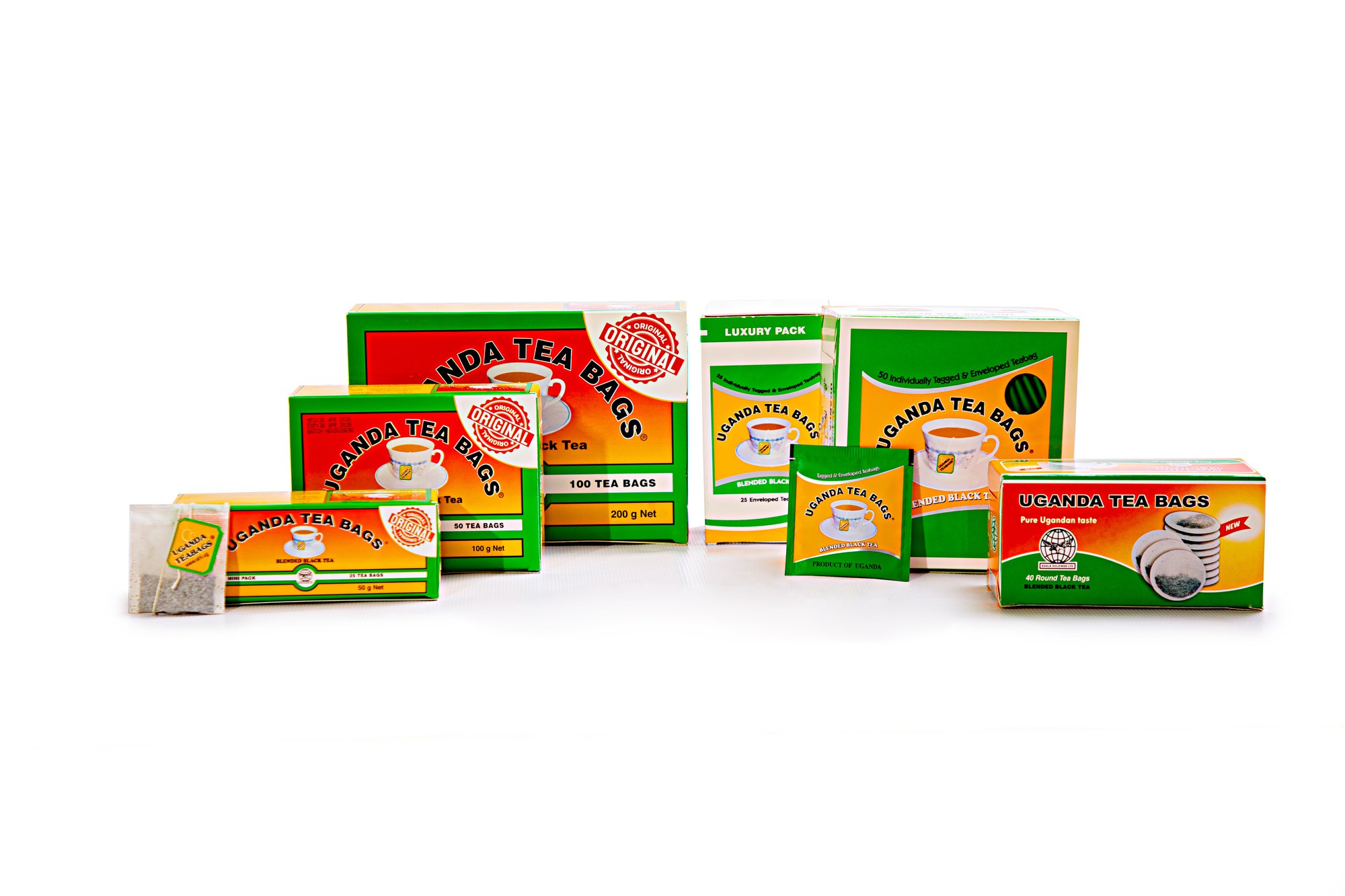 Uganda Tea Bags — full range across Family, Budget, Mini, Round and Luxury enveloped packs