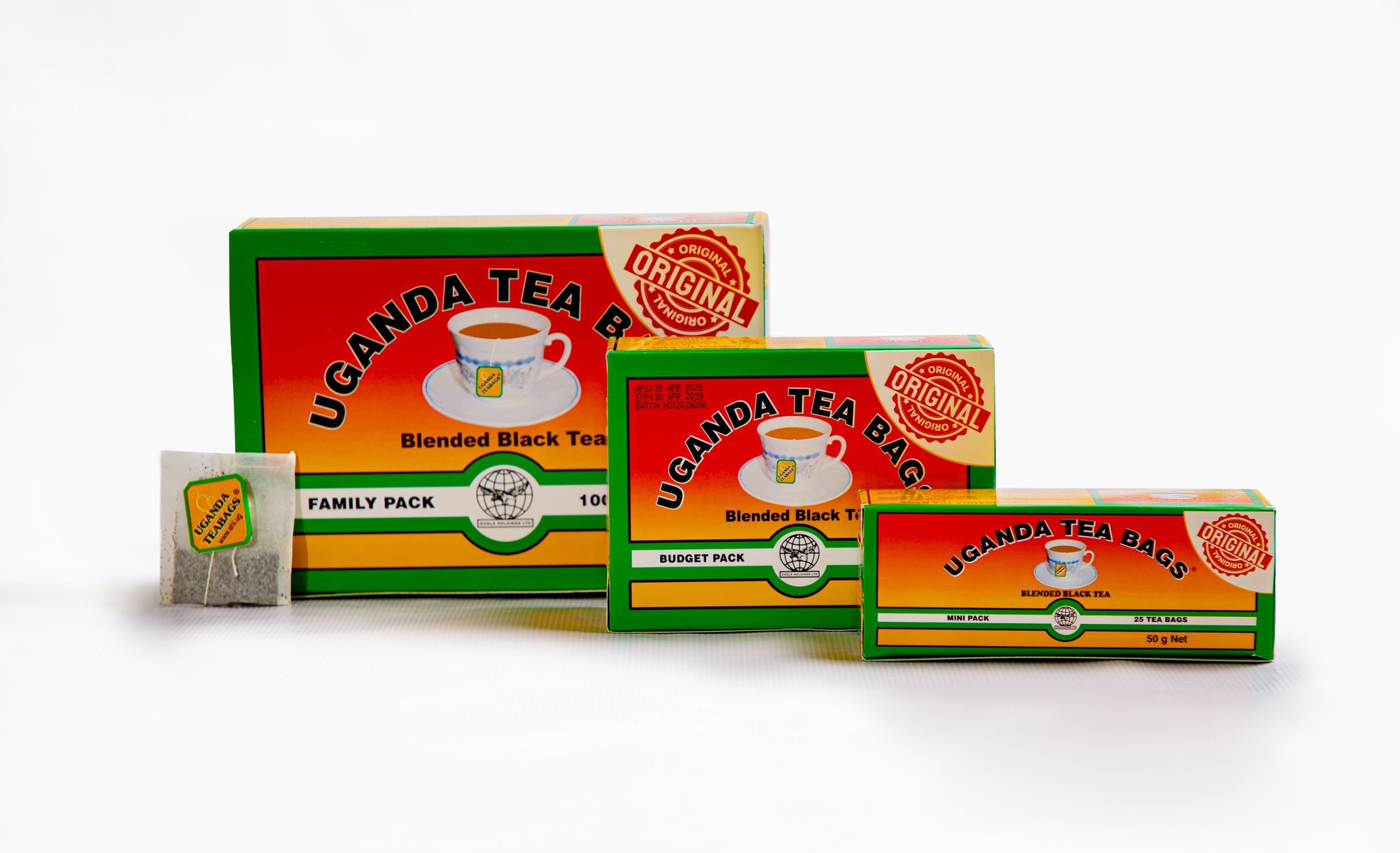Uganda Tea Bags — Family, Budget and Mini pack sizes shown with a tagged tea bag