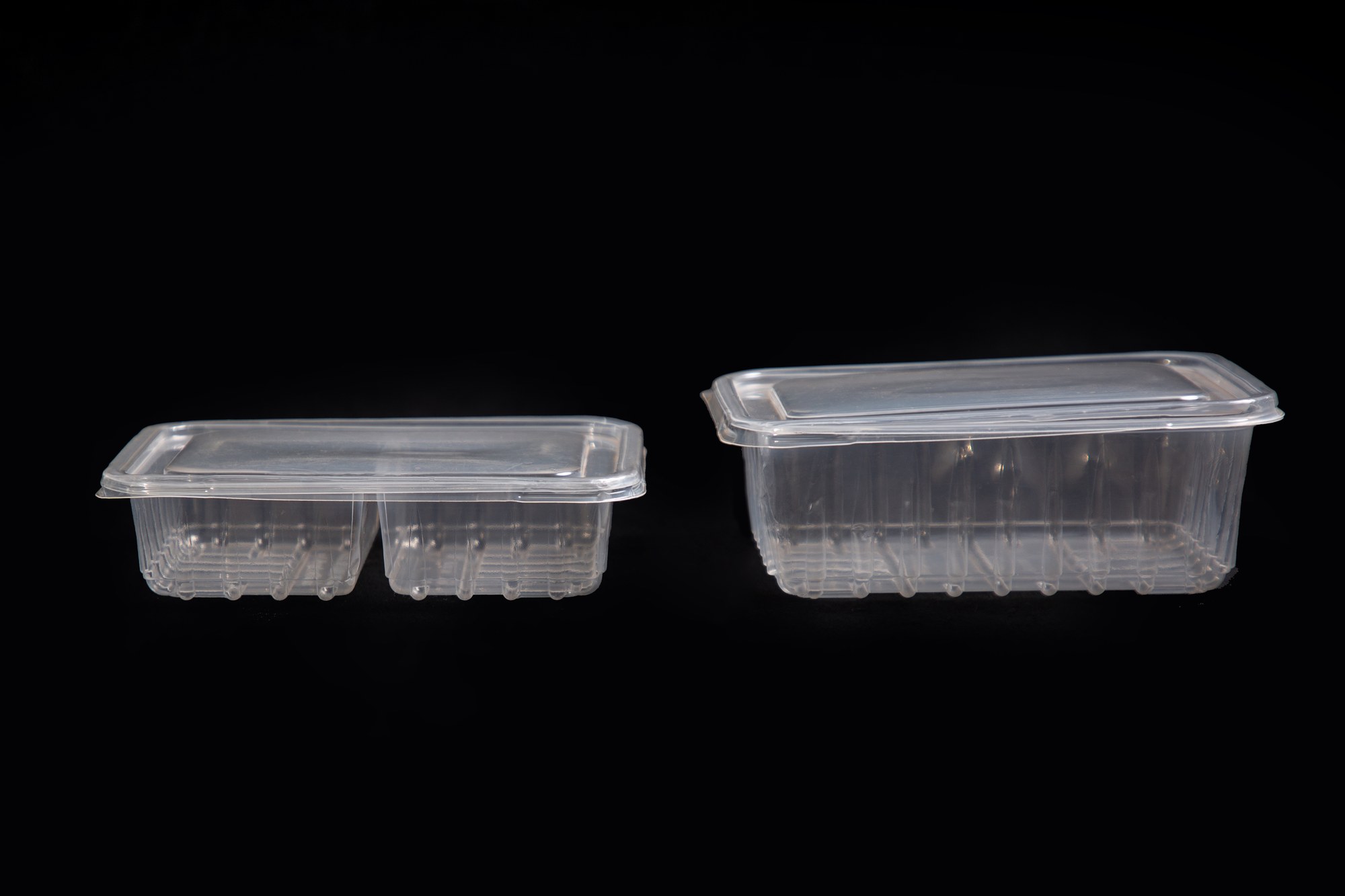Clear 1,000 ml punnet trays with lids — microwaveable, 5-inch by 7-inch, with and without partitions