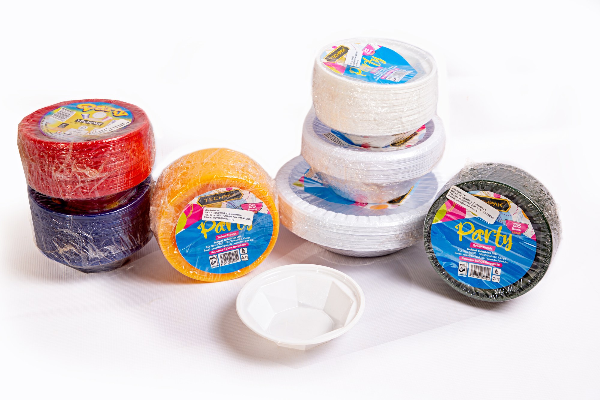 Bowls range — pre-wrapped Techpak Party packs in red, blue, yellow, white and green, plus a single white O-Bowl