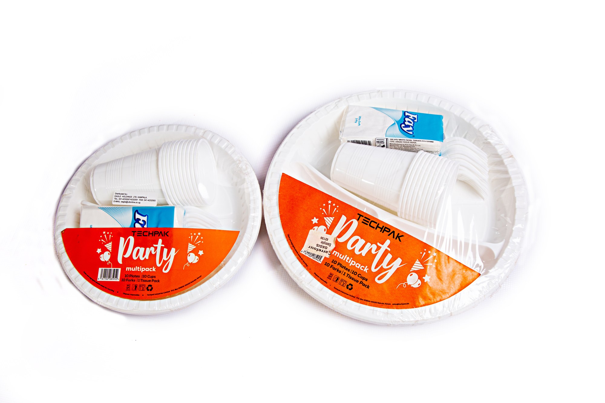 Techpak Party multipacks — two pre-wrapped party packs each containing plates, cups, forks and a tissue pack