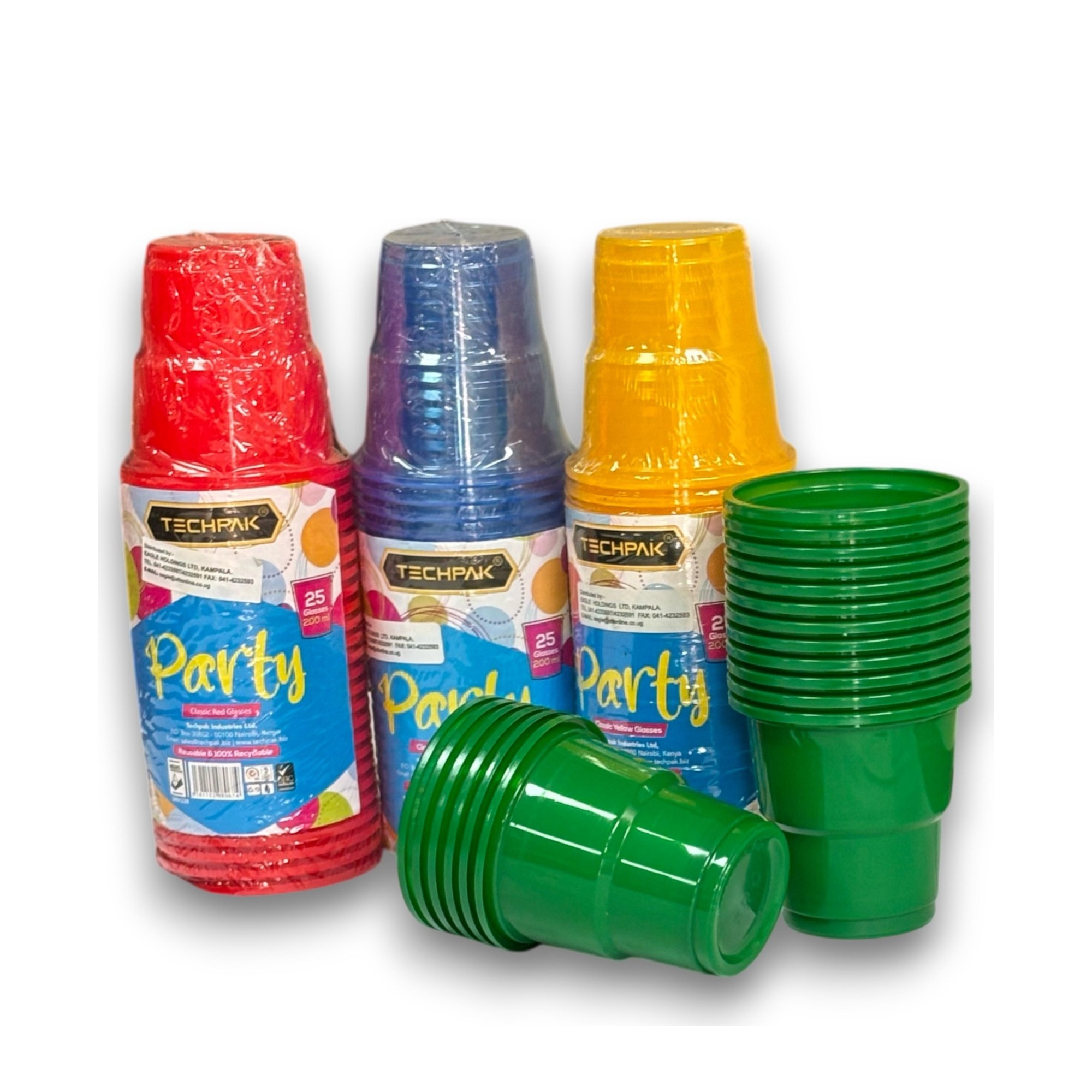 Classic Glasses 200ml in red, blue, yellow and green — Techpak Party-wrapped packs plus a single green stack and a tipped green glass
