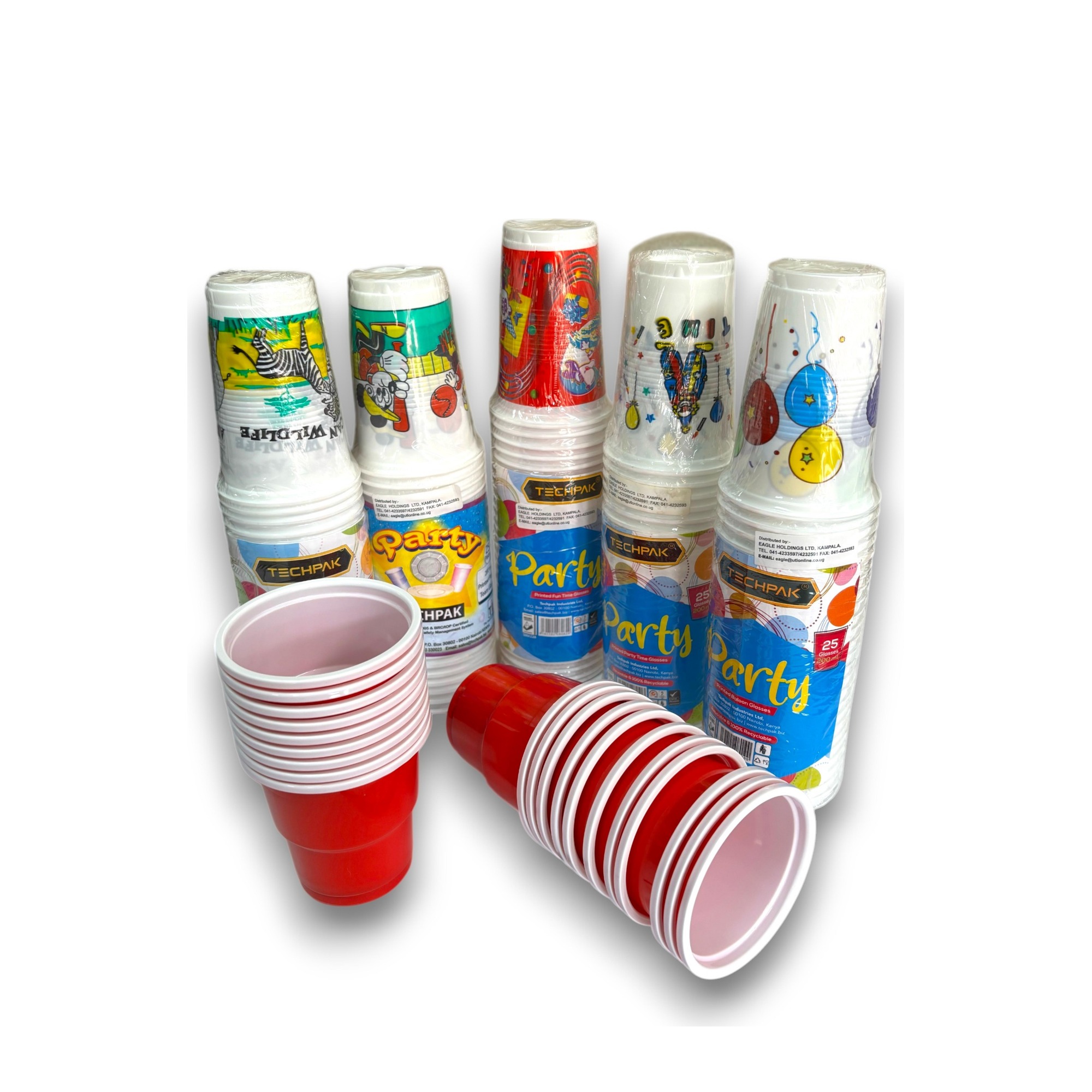 Designed Glasses 200ml — Wildlife, Funtime, Party Time, Playing Team and Balloon prints in Techpak Party packs, plus single red Jazz Celebration cups