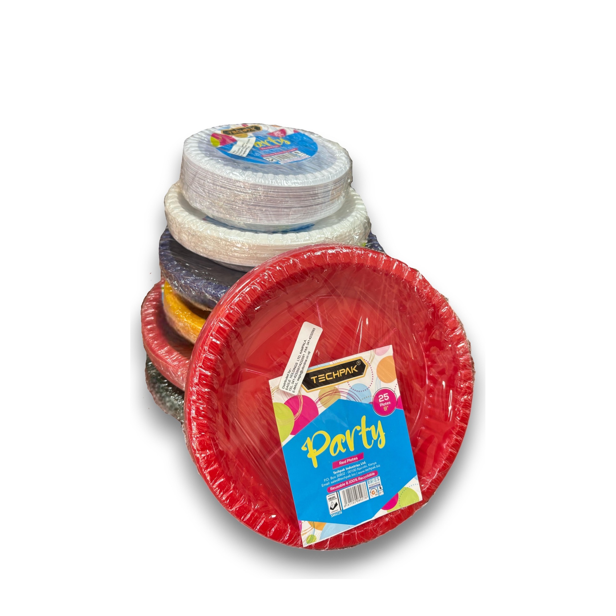 Round Plates — Techpak Party-wrapped 9-inch red plates with a stack of multi-colour packs behind